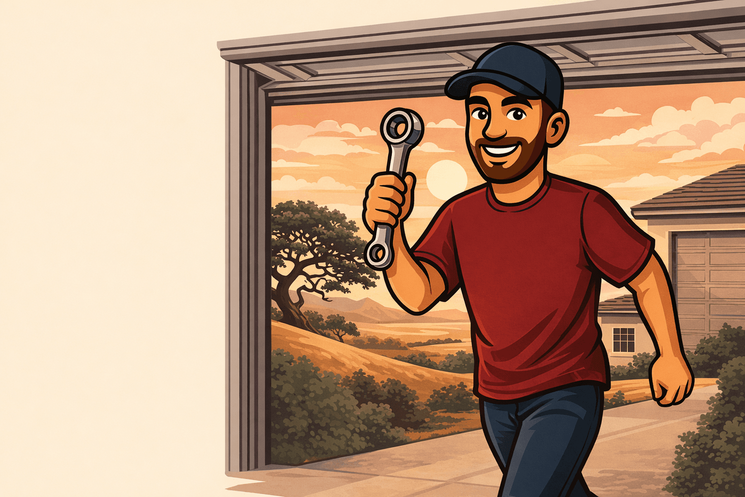 Garage Gurus NorCal mascot Robert Martinez in front of an open garage door with a Central Valley scene