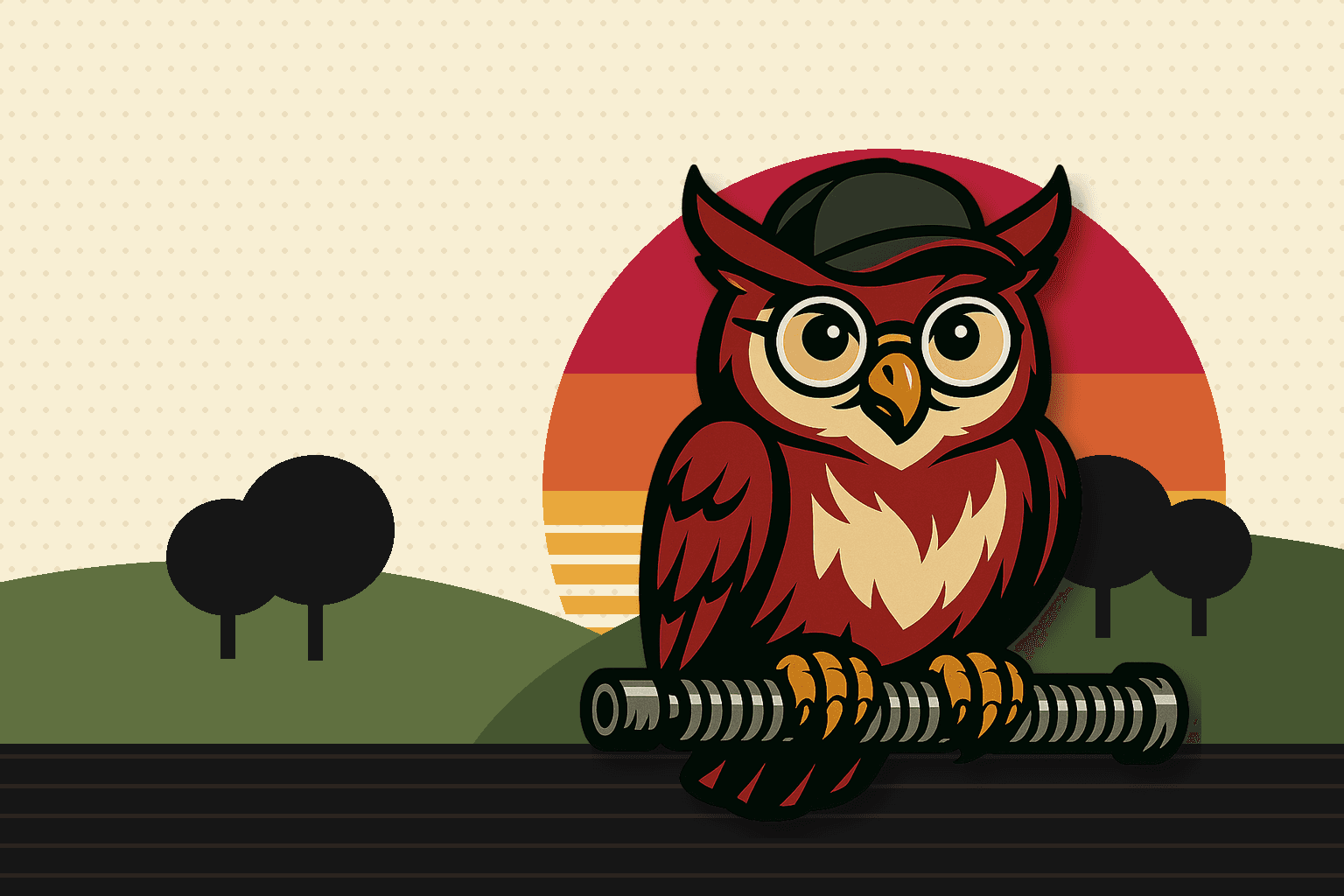 Garage Gurus owl mascot perched on a garage door spring in front of NorCal hills at sunset